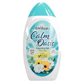 A 970ml bottle of Enrituals Calm Oasis Non Bio Laundry Gel, with a teal cap and floral label, provides 27 washes. This eco-friendly gel is gentle on clothes and ideal for sensitive skin.